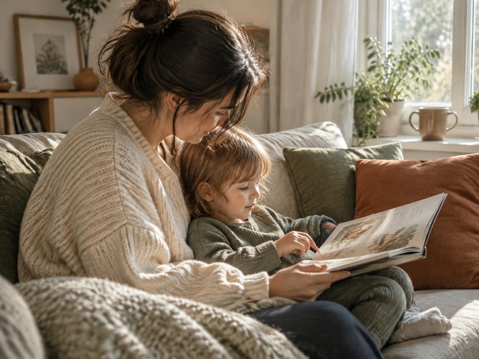 A parent and young child reading a picture book together on a sofa